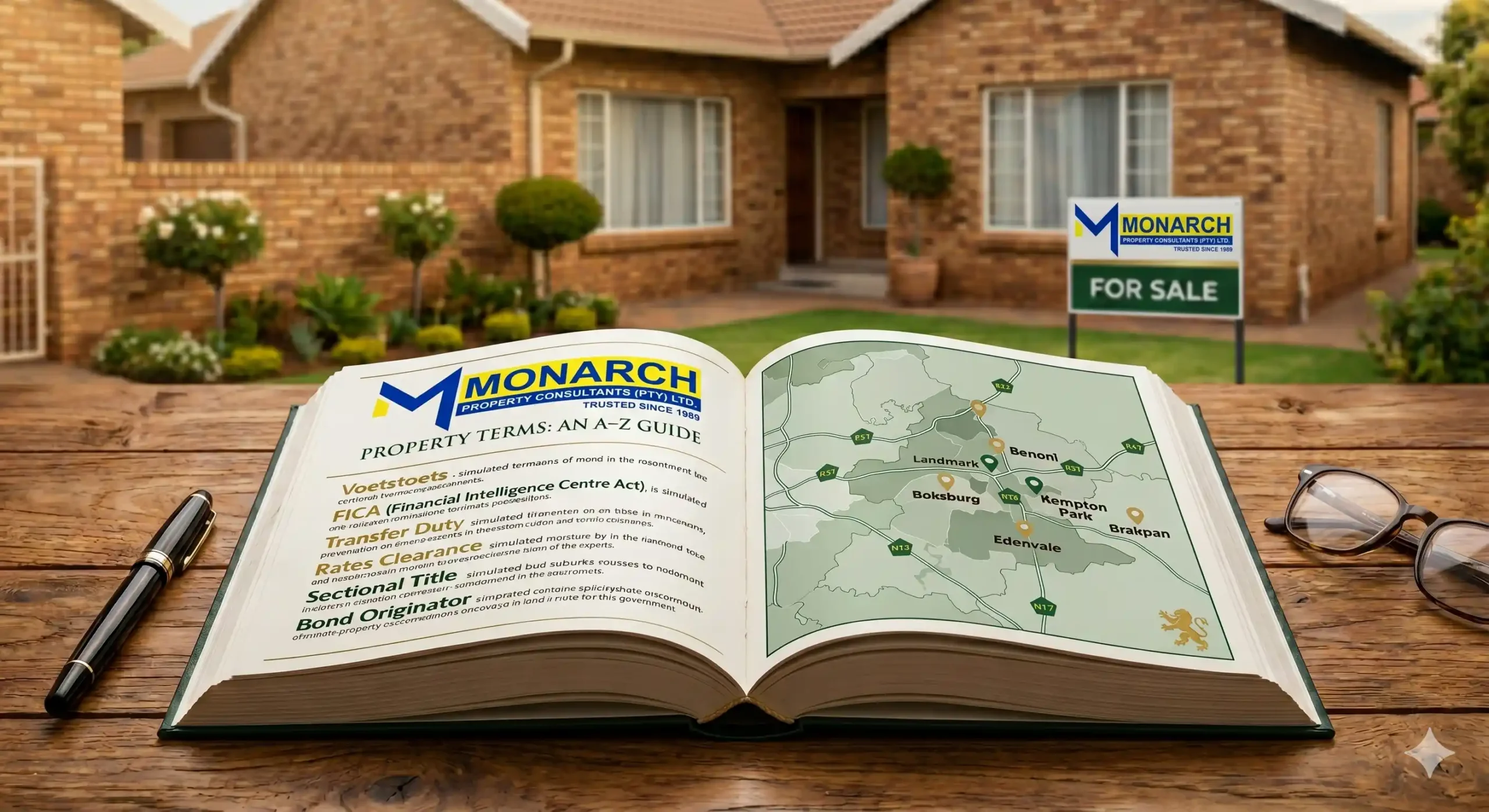 Property Terms A professional real estate guide header featuring an open book on a wooden desk. The left page displays the blue and yellow Monarch Property Consultants (Pty) Ltd logo with the heading “Property Terms: An A-Z Guide” and definitions for Voetstoots, FICA, and Sectional Title. The right page shows a green-toned map of the East Rand region with markers for Benoni, Boksburg, Kempton Park, and Edenvale. In the blurred background, a classic South African face-brick house stands with a Monarch “For Sale” sign on the lawn. Property Terms